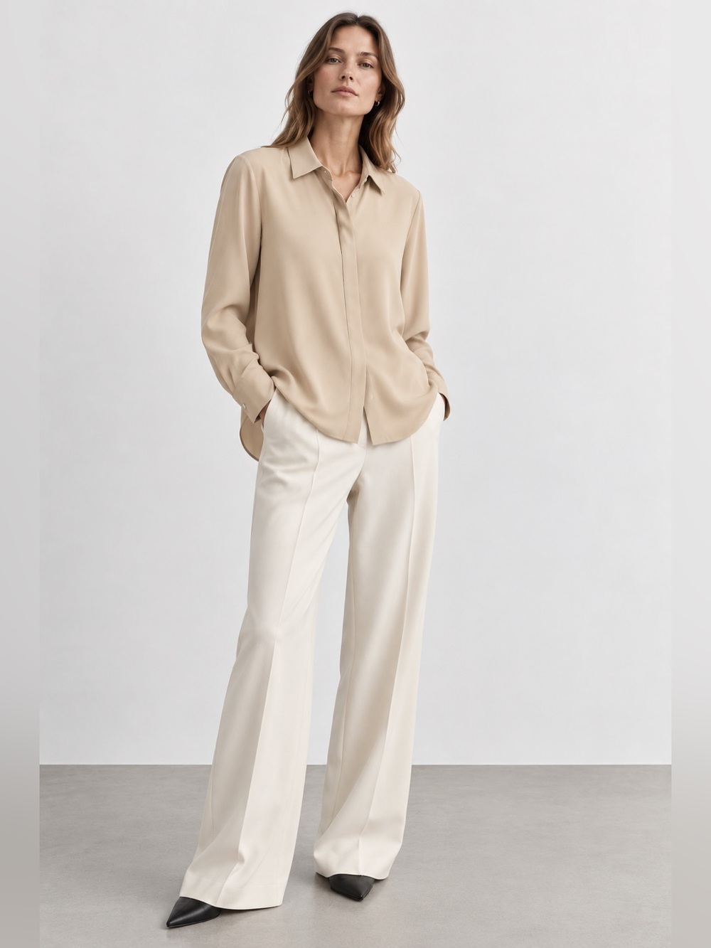 Theory Sunaya Urban Crepe Beige Button-Front Blouse
